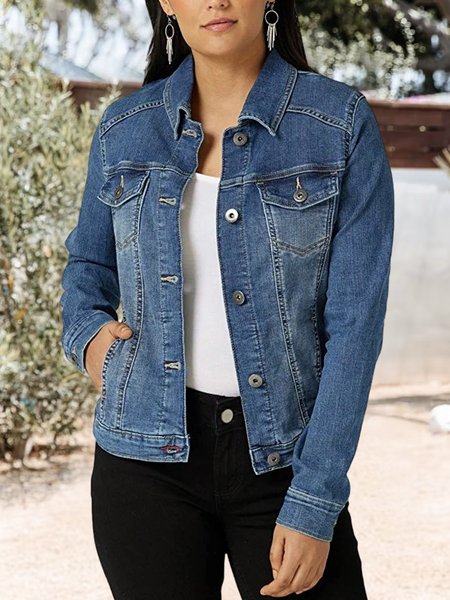 Plain Casual Denim Denim Jacket, Blue, Jackets