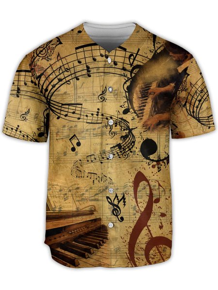 Music Note Short Sleeve Baseball Shirt, Khaki, Baseball Shirts