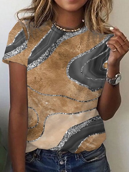 Crew Neck Casual Abstract T-Shirt, Brown, T-Shirts