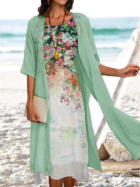 Loose Floral Casual Crew Neck Two-Piece Set, Green, Dresses