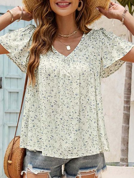 V Neck Vacation Ruffled Sleeves Ruched Top, Multicolor, Tunics