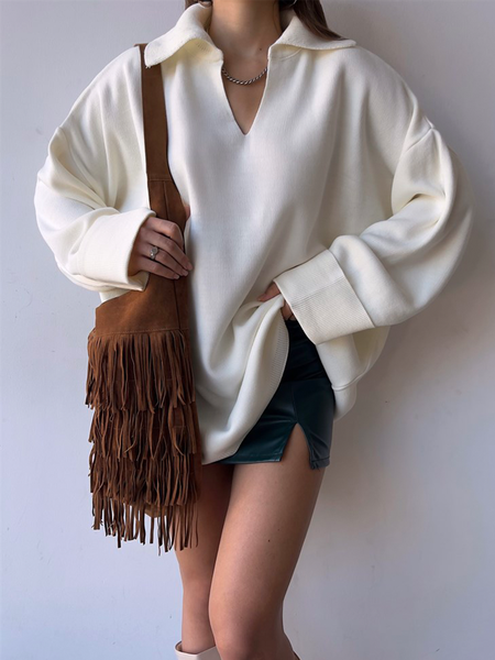 Regular Fit Plain Shirt Collar Elegant Sweatshirt, White, Pullovers