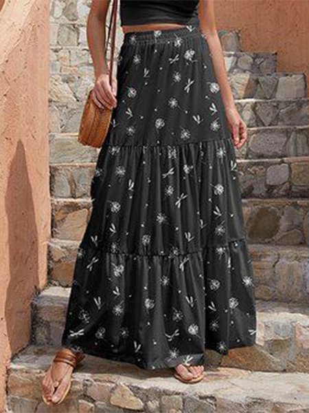 Loose Floral Boho Layered/Tiered Skirt, Black, Skirts