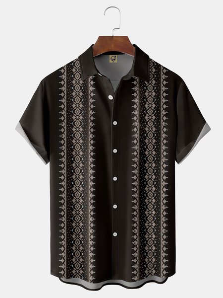Textured Chest Pocket Short Sleeve Bowling Shirt, Black-coffee, Men Shirts