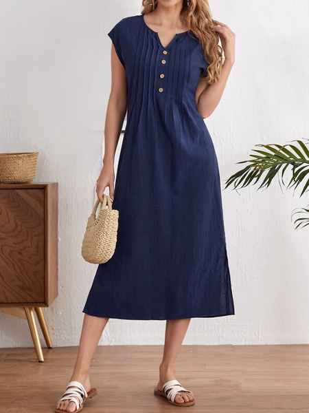 Cotton And Linen Plain Casual Dress, Purplish blue, Midi Dresses