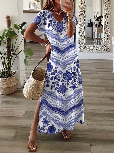 Casual Floral Regular Fit Dress, Blue, Dresses