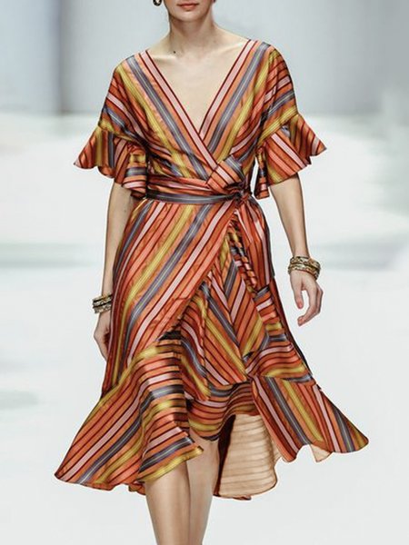Half sleeve Striped Cross Neck Regular Fit Dress, Orange, Midi Dresses