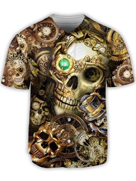 Mechanical Skeleton Short Sleeve Baseball Shirt, Golden, Baseball Shirts