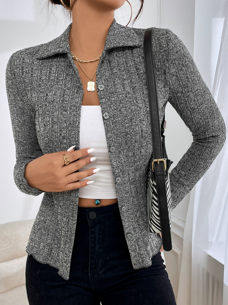 Plain Regular Fit Shirt Collar Casual Jacket, Gray, Cardigans