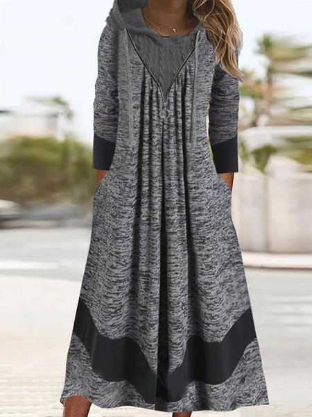 Hoodie Regular Fit Color Block Casual Dress, Gray, Dresses
