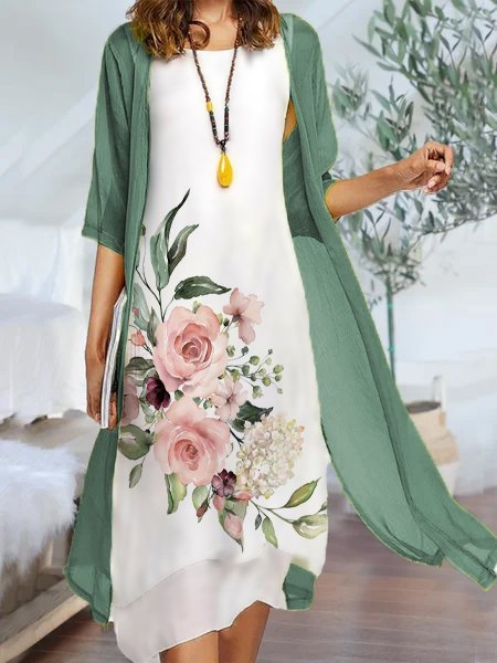 Casual Floral Cotton And Linen Crew Neck Two-Piece Set, Green, Midi Dresses