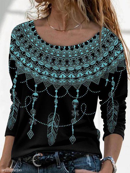 Ethnic Loose Crew Neck Casual T-Shirt, Cyan, T-Shirts