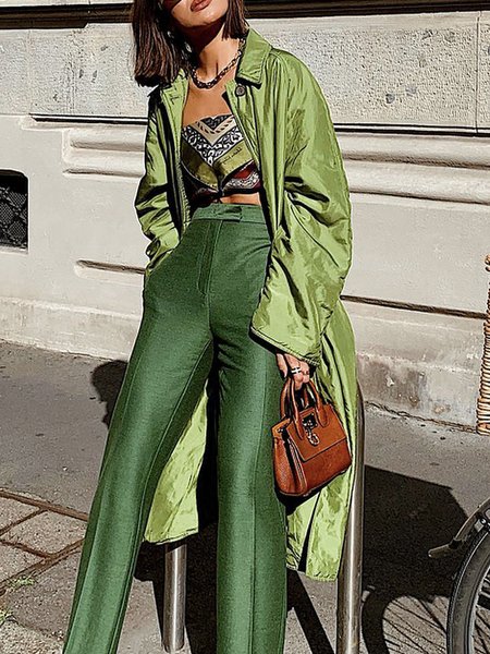 Urban Shawl Collar Loose Plain Trench Coat, Green, Trench Coats
