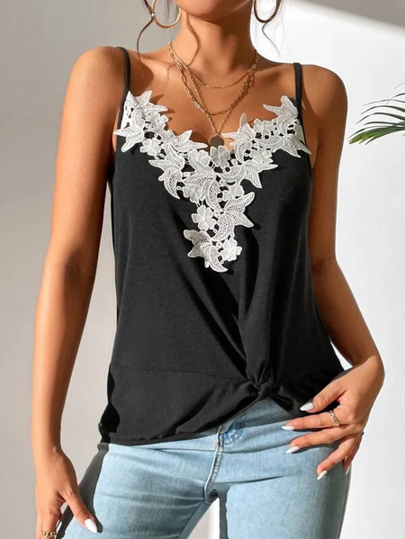 Casual Lace Tank & Cami, Black, Tanks & Camis