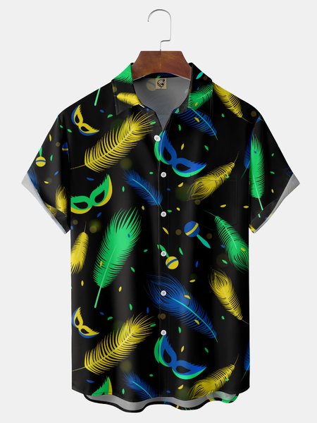 Brazilian Carnival Chest Pocket Short Sleeve Shirt, Black, Men Shirts