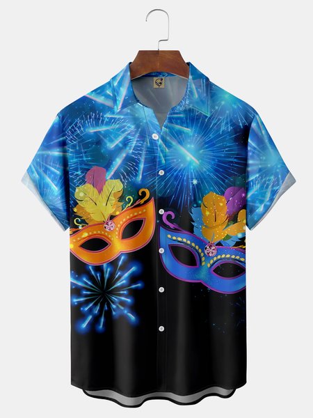 Brazilian Carnival Chest Pocket Short Sleeve Shirt, Blue, Men Shirts