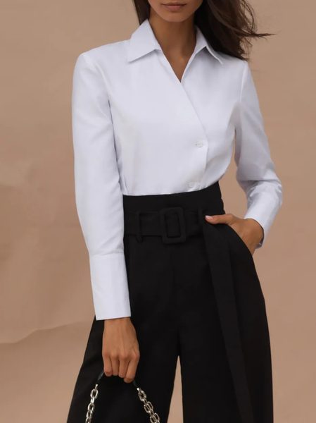 Elegant Shirt Collar Plain Blouse, White, Blouses and Shirts