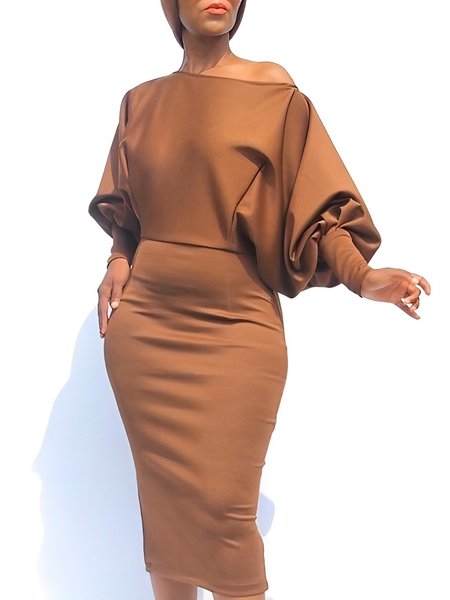 Asymmetrical Elegant Plain Regular Fit Dress, Brown, Midi Dresses