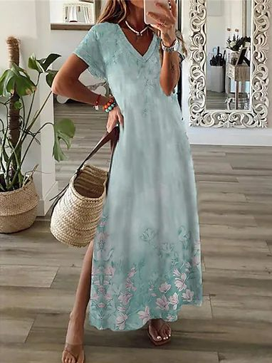 V Neck Casual Floral Loose Dress, Green, Dresses