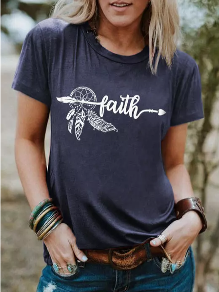 Crew Neck Text Letters Regular Fit Casual T-Shirt, Dark blue, Tees & T-shirts