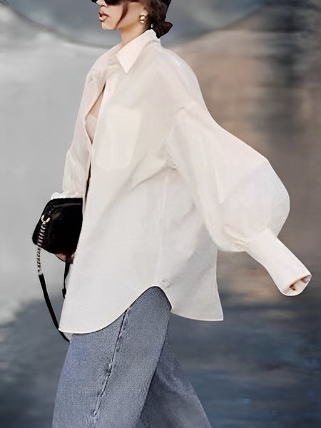 Plain Urban Shirt Collar Loose Long Sleeve Blouse, White, Blouses and Shirts
