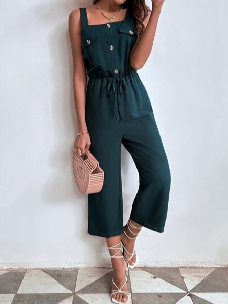 Casual Square Neck Plain Jumpsuit & Romper, Darkgreen, Jumpsuits&Rompers