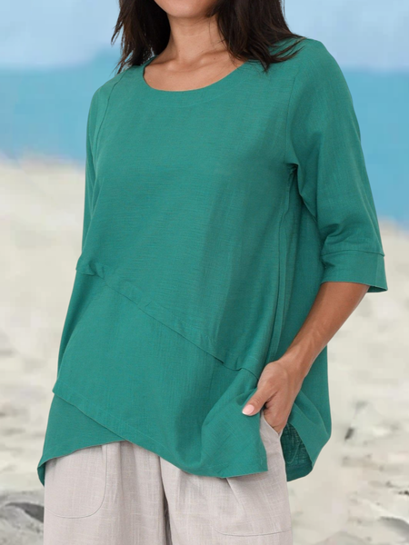 Crew Neck Plain Casual Cotton And Linen Top, Green, Shirts & Blouses