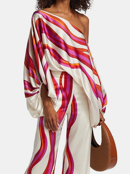 Geometric Asymmetrical Loose Long sleeve Elegant Blouse, White, Blouses and Shirts