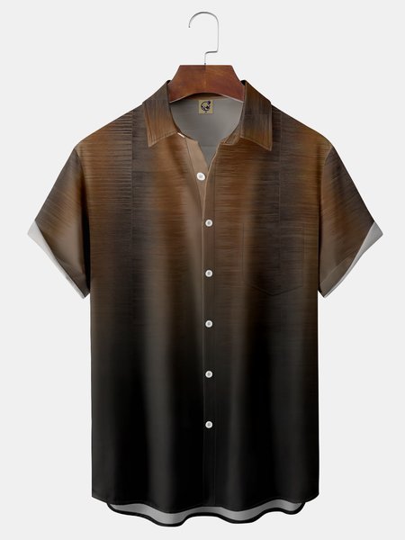 Gradient Texture Chest Pocket Short Sleeve Casual Shirt, Light coffee, Men Shirts
