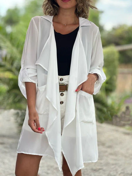 Shawl Collar Urban Chiffon Loose Trench Coat, White, Cardigans