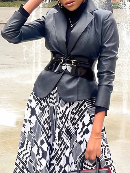 Plain Lapel Collar PU Urban Blazer, Black, Blazers