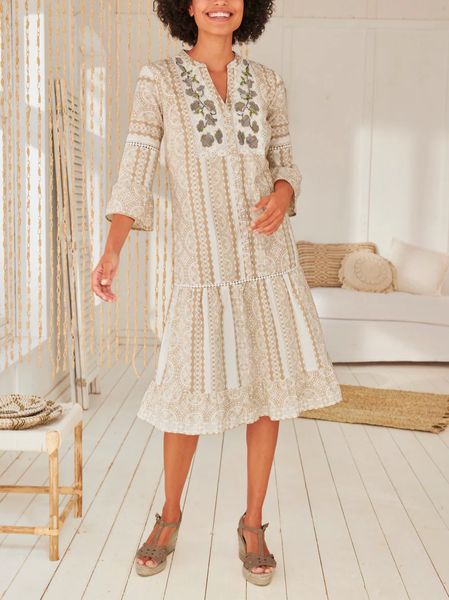 V Neck Loose Ethnic Boho Dress, Khaki, Dresses