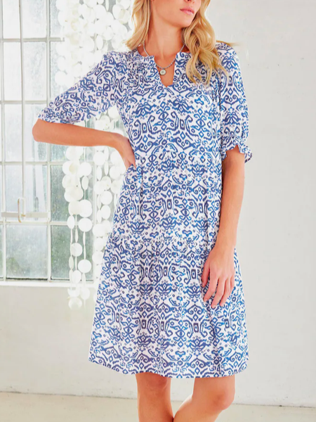 V Neck Boho Ethnic Loose Dress, Blue, Dresses