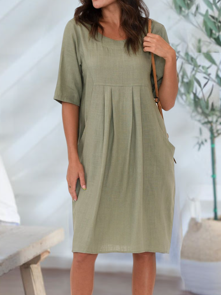 Plain Casual Cotton And Linen Dress, Green, Dresses
