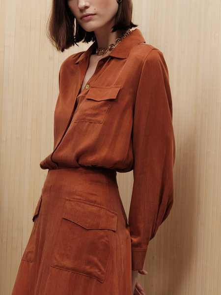 Stand Collar Elegant Cotton Plain Blouse, Orange, Blouses and Shirts