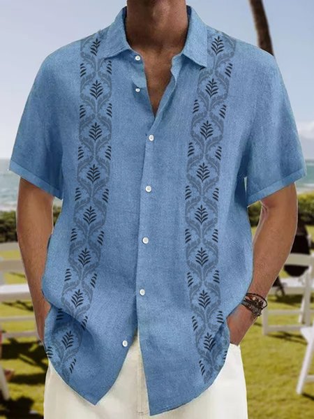 Striped Short Sleeve Bowling Shirt, Blue, Men Shirts