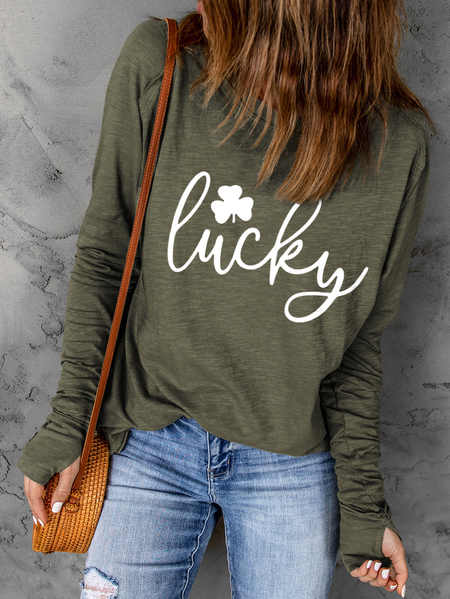 Casual Crew Neck Text Letters Top, Green, Tops