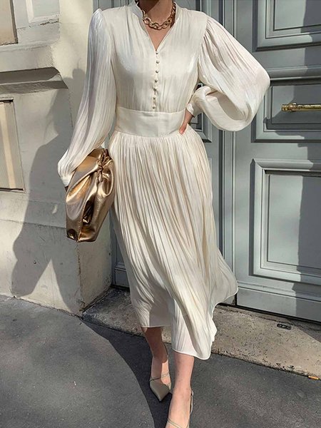 Long sleeve Plain Elegant Stand Collar Regular Fit Dress, White, Midi Dresses
Long sleeve Plain Elegant Stand Collar Regular Fit Dress, White, Midi Dresses