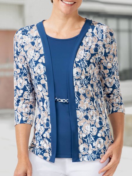 Floral Loose Crew Neck Casual Mock Two-Piece Top, Blue, Shirts & Blouses