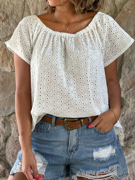 Cotton Casual Plain Crew Neck Top, White, Shirts & Blouses