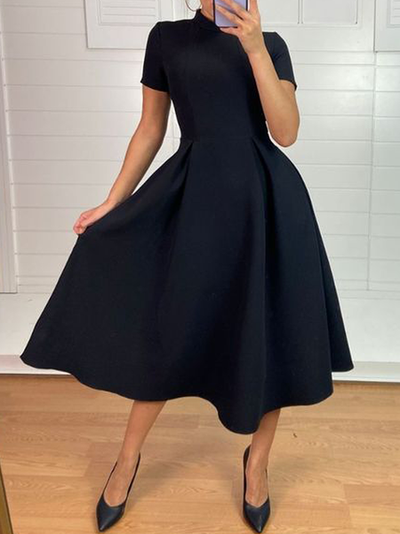 Regular Fit Plain Stand Collar Short sleeve Elegant Dress, Black, Midi Dresses