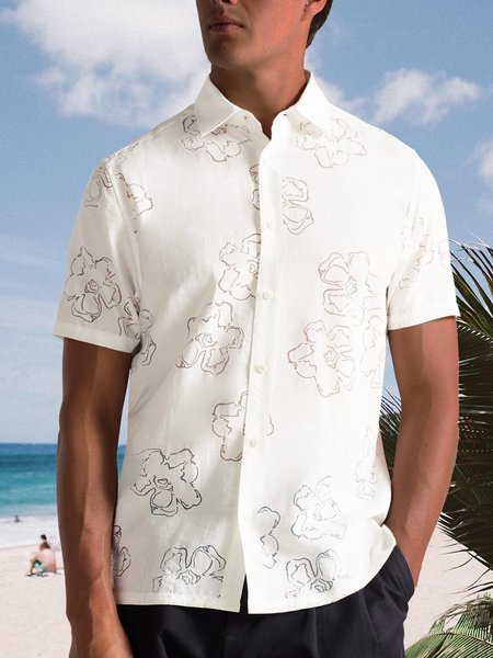 Floral Short Sleeve Resort Shirt, White, Men Shirts