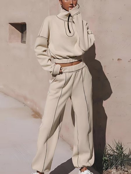 Casual Plain Regular Fit No Elasticity Sweatpants, Apricot, Pants