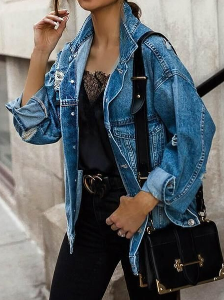 Casual Shawl Collar Denim Loose Denim Coat, Blue, Jackets