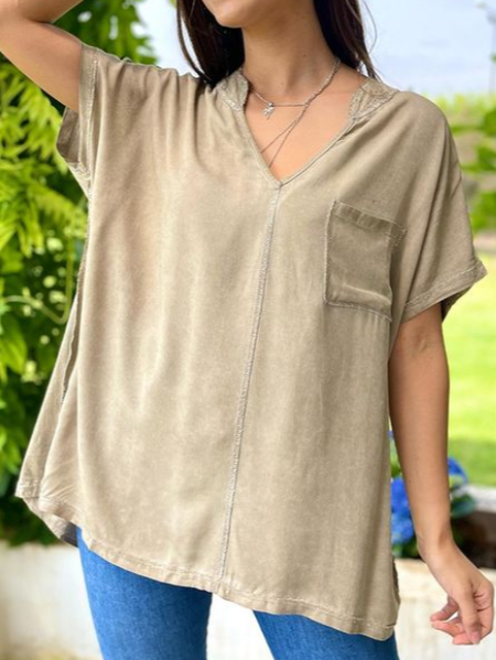 Casual Loose Plain T-Shirt, Khaki, T-Shirts