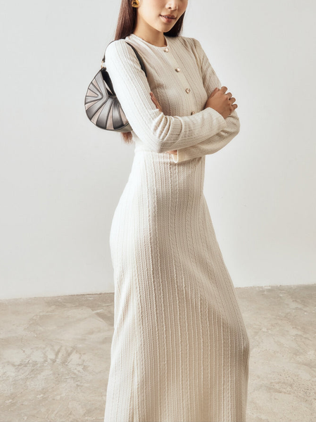 Knitted Regular Fit Elegant Plain Dress, White, Maxi Dresses