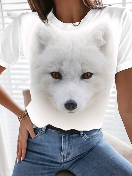 Casual Crew Neck Loose Animal T-Shirt, White, T-Shirts