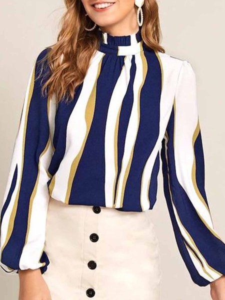Striped Stand Collar Loose Elegant Blouse, Blue, Blouses and Shirts