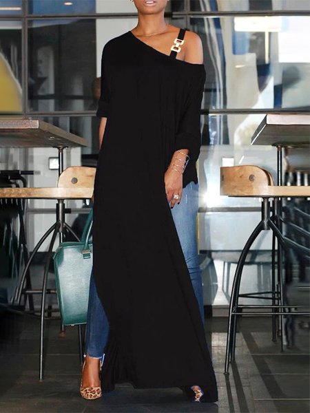 Plain Simple Long Sleeve Asymmetrical Top, Black, Blouses and Shirts