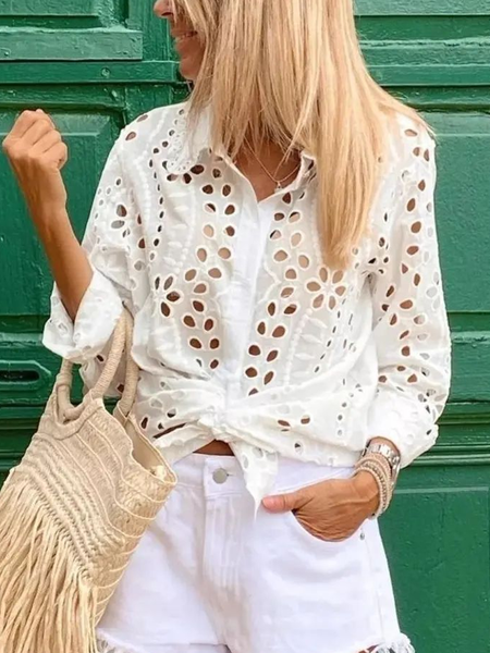 Casual Buttoned Shirt Collar Cotton Blouse, White, Blouses & Shirts